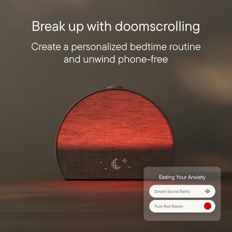 Hatch Restore 3 alarm clock – front view with putty finish
Restore 3 smart clock with sunrise lighting preset
Sound machine alarm clock by Hatch in bedroom
Hatch Restore 3 app features on display