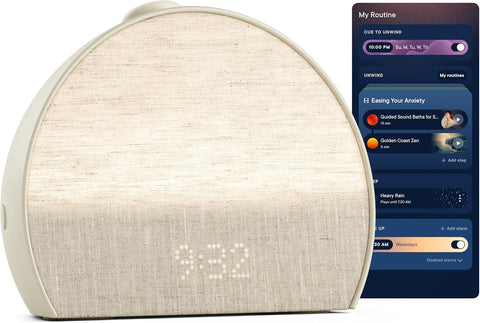 Hatch Restore 3 alarm clock – front view with putty finish
Restore 3 smart clock with sunrise lighting preset
Sound machine alarm clock by Hatch in bedroom
Hatch Restore 3 app features on display