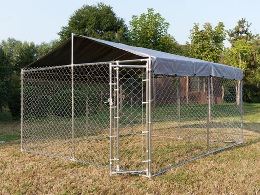 Heavy - Duty 10×10×6 ft Outdoor Dog Kennel w/ UV Canopy – Chain Link Steel Enclosure | SKU: 513DC - Chains & Rigging with | Sold by Uncle Wiener's Wholesale