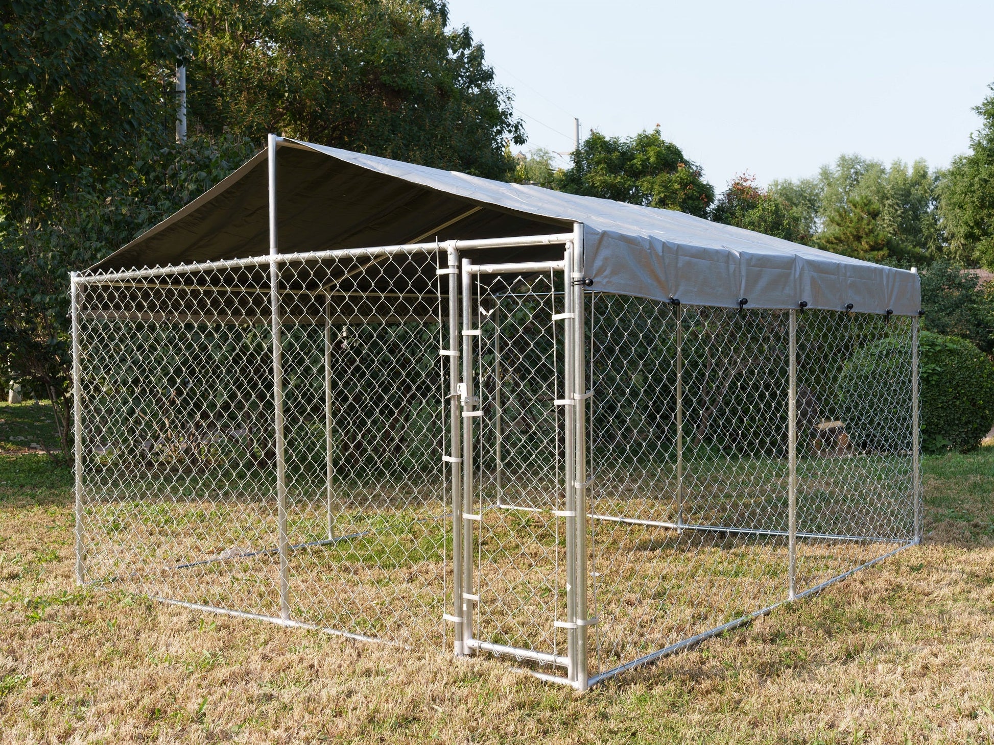 Heavy - Duty 10×10×6 ft Outdoor Dog Kennel w/ UV Canopy – Chain Link Steel Enclosure | SKU: 513DC - Chains & Rigging with | Sold by Uncle Wiener's Wholesale