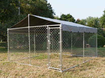 Heavy - Duty 10×10×6 ft Outdoor Dog Kennel w/ UV Canopy – Chain Link Steel Enclosure | SKU: 513DC - Chains & Rigging with | Sold by Uncle Wiener's Wholesale