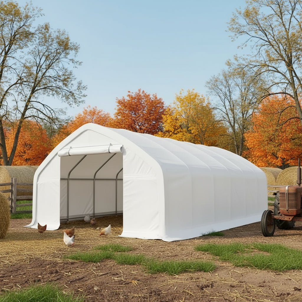Heavy - Duty 20x30 & 20x40 Peak Roof Storage Shelters – 12' Tall, 17oz PVC Cover, Galvanized Frame - with 20x30x12 ST2031V | Sold by Uncle Wiener's Wholesale
