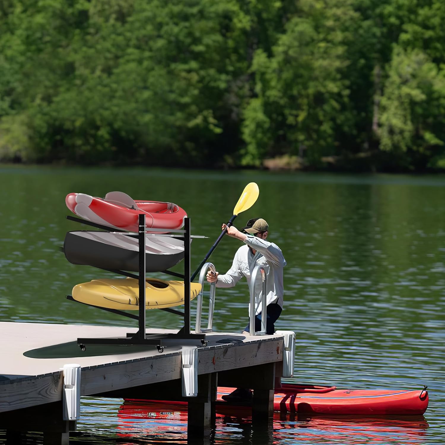 Heavy - Duty 3–4 Layer Kayak Rack – Freestanding Kayak Storage Rack with Wheels & Adjustable Arms KR4TBLK - with | Sold by Uncle Wiener's Wholesale