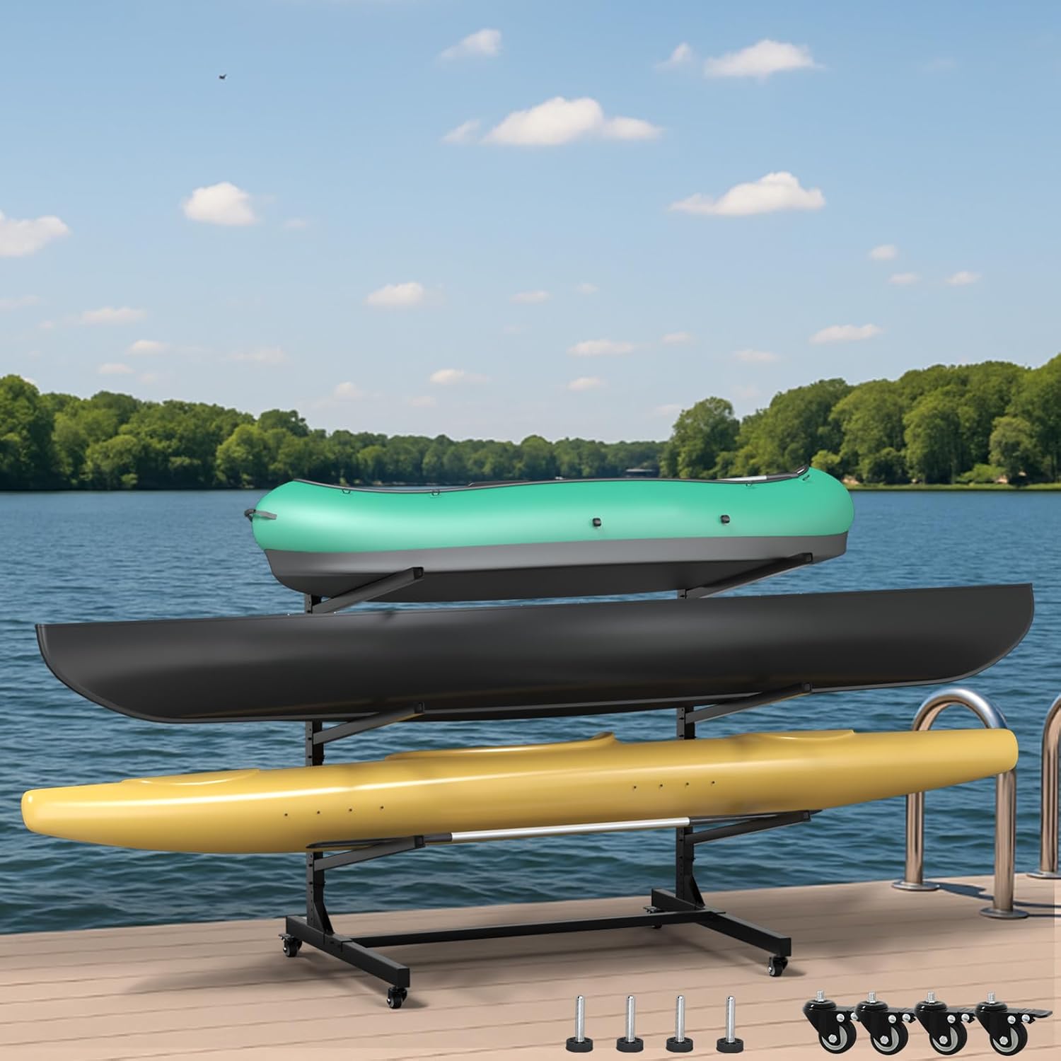 Heavy - Duty 3–4 Layer Kayak Rack – Freestanding Kayak Storage Rack with Wheels & Adjustable Arms KR4TBLK - with | Sold by Uncle Wiener's Wholesale