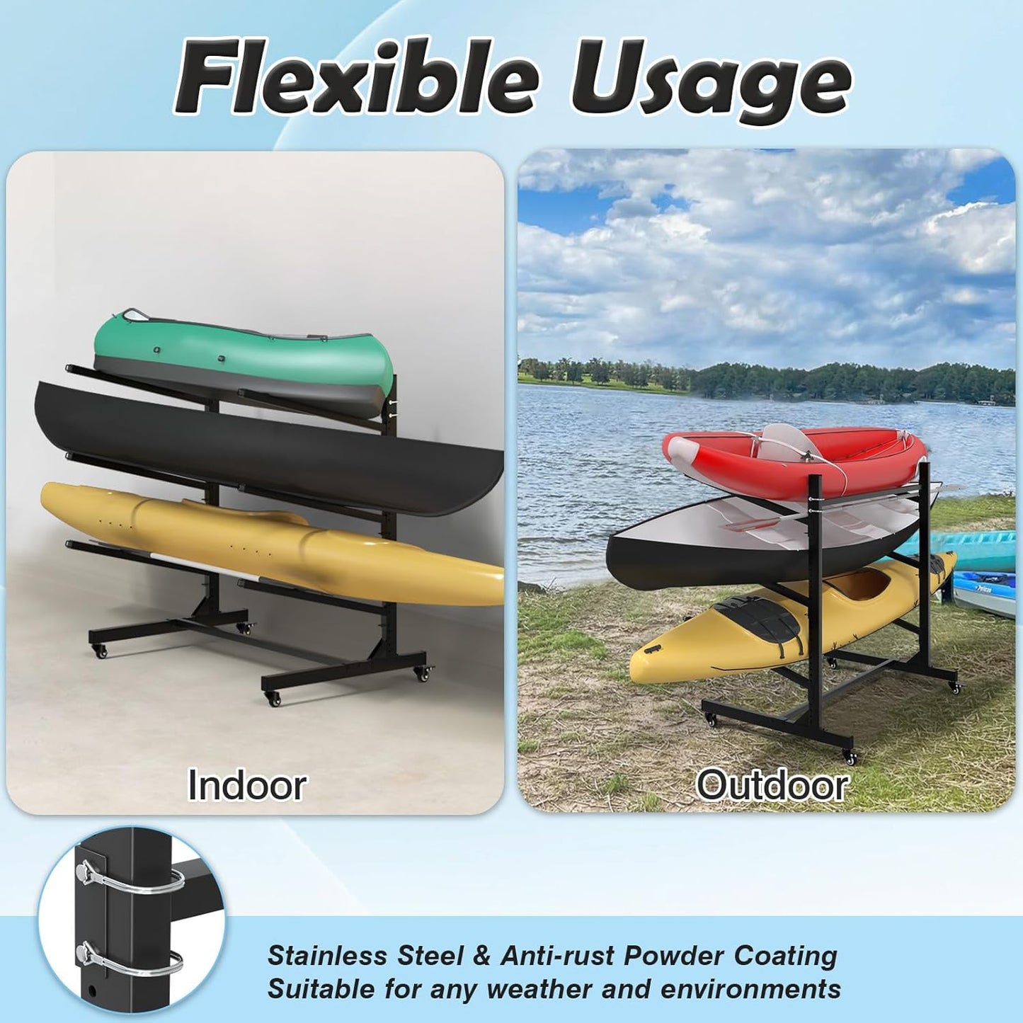 Heavy - Duty 3–4 Layer Kayak Rack – Freestanding Kayak Storage Rack with Wheels & Adjustable Arms KR4TBLK - with | Sold by Uncle Wiener's Wholesale