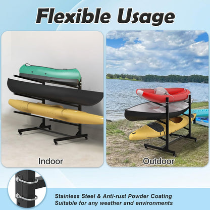 Heavy - Duty 3–4 Layer Kayak Rack – Freestanding Kayak Storage Rack with Wheels & Adjustable Arms KR4TBLK - with | Sold by Uncle Wiener's Wholesale