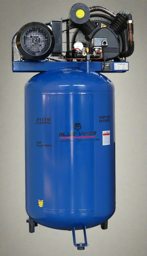 120 Gallon Blue Viper Air Compressor Front View

60 Gallon Blue Viper Air Compressor Side View

Close-up of Triple Head Cast Iron Pump

Rear Panel and Electrical Wiring – Blue Viper Compressor

UL and ASME Certification Tags – Compressor Unit
