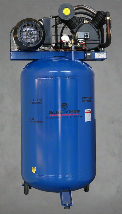 120 Gallon Blue Viper Air Compressor Front View

60 Gallon Blue Viper Air Compressor Side View

Close-up of Triple Head Cast Iron Pump

Rear Panel and Electrical Wiring – Blue Viper Compressor

UL and ASME Certification Tags – Compressor Unit