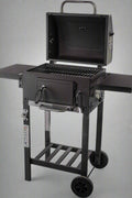 "Heavy-duty charcoal grill with offset smoker combo"
"Powder-coated outdoor charcoal BBQ with side shelves and wheels"