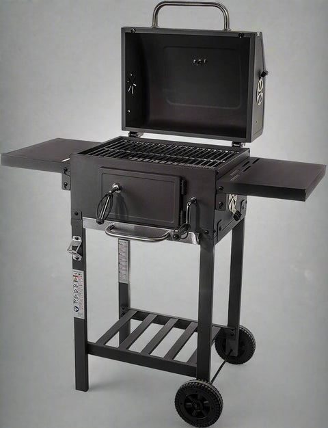 "Heavy-duty charcoal grill with offset smoker combo"
"Powder-coated outdoor charcoal BBQ with side shelves and wheels"