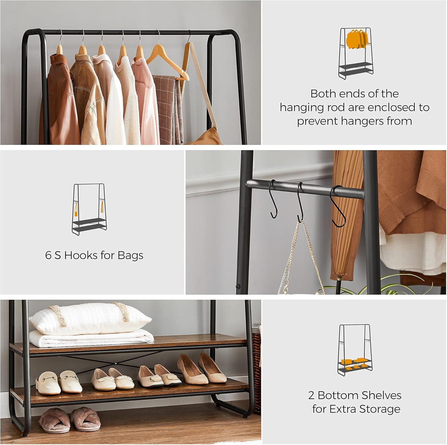 Heavy-Duty Clothes Rack with Hanging Rail, 2 Storage Shelves and 6 S Hooks, Industrial Garment Rack for Bedroom, Entryway and Closet Rustic Brown Black RGR112B01 - with | Sold by Uncle Wiener's Wholesale