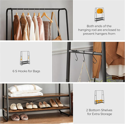 Heavy-Duty Clothes Rack with Hanging Rail, 2 Storage Shelves and 6 S Hooks, Industrial Garment Rack for Bedroom, Entryway and Closet Rustic Brown Black RGR112B01 - with | Sold by Uncle Wiener's Wholesale