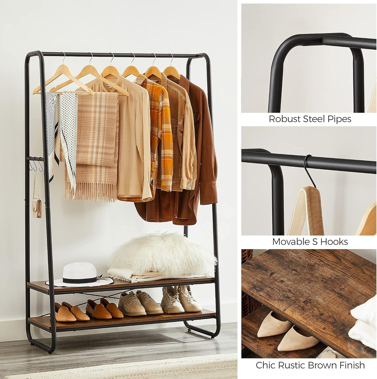 Heavy-Duty Clothes Rack with Hanging Rail, 2 Storage Shelves and 6 S Hooks, Industrial Garment Rack for Bedroom, Entryway and Closet Rustic Brown Black RGR112B01 - with | Sold by Uncle Wiener's Wholesale