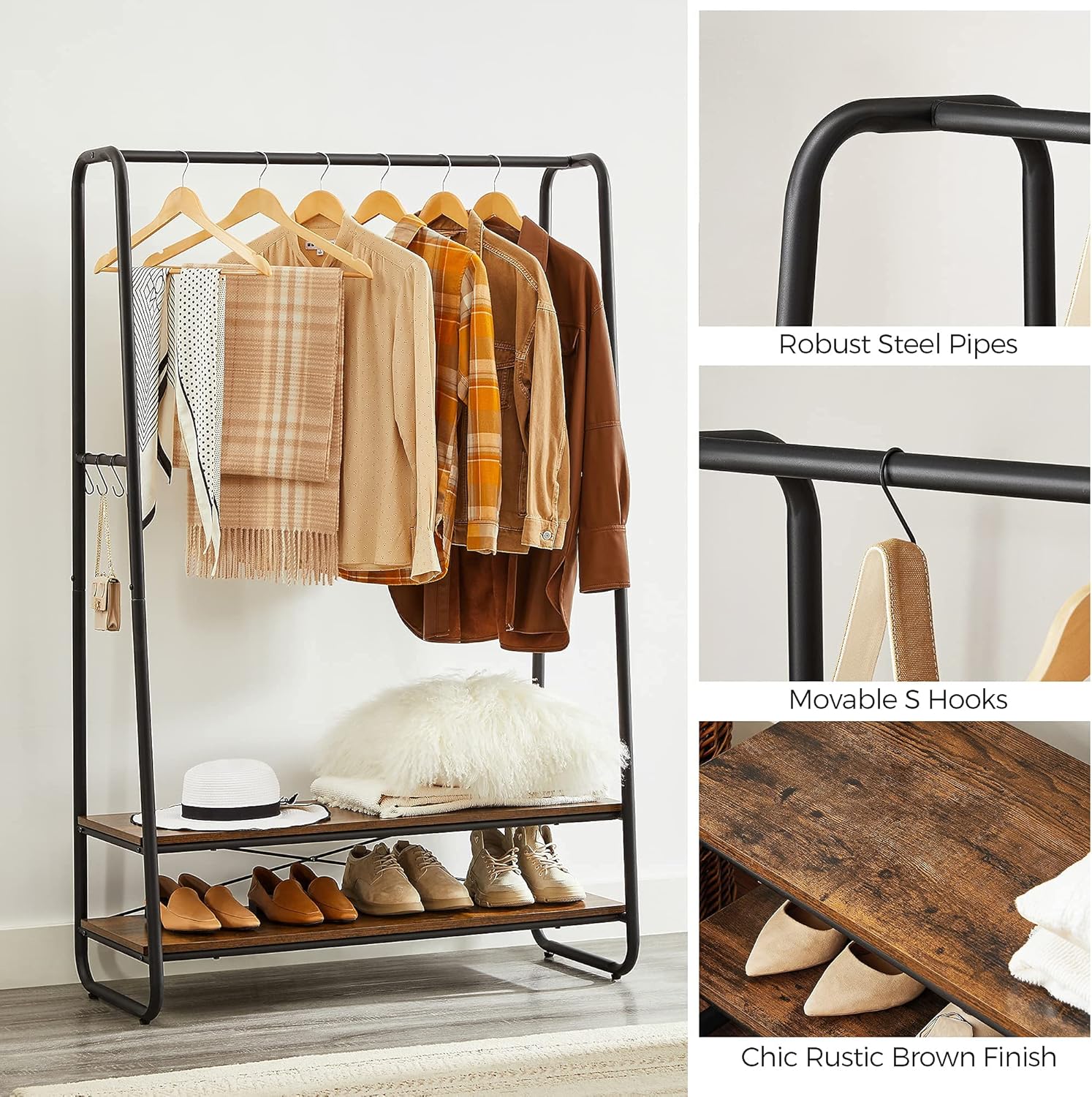 Heavy-Duty Clothes Rack with Hanging Rail, 2 Storage Shelves and 6 S Hooks, Industrial Garment Rack for Bedroom, Entryway and Closet Rustic Brown Black RGR112B01 - with | Sold by Uncle Wiener's Wholesale