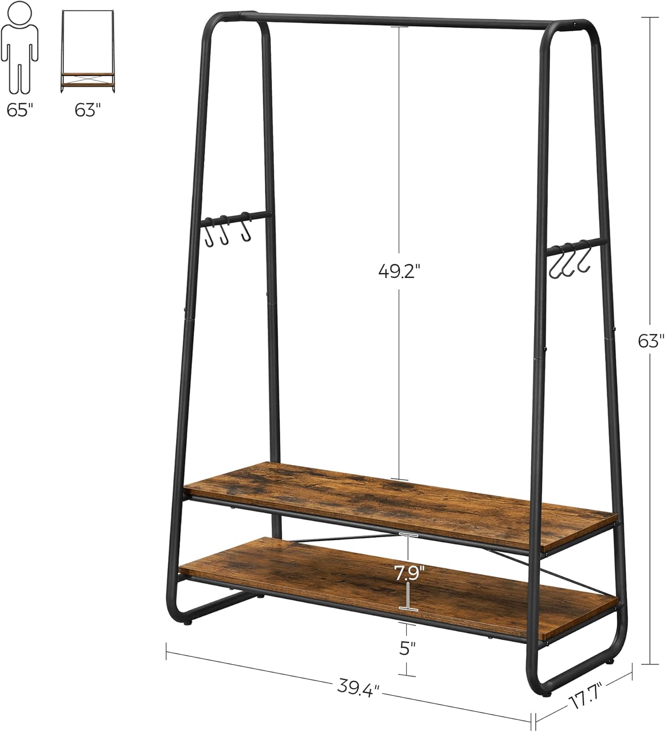Heavy-Duty Clothes Rack with Hanging Rail, 2 Storage Shelves and 6 S Hooks, Industrial Garment Rack for Bedroom, Entryway and Closet Rustic Brown Black RGR112B01 - with | Sold by Uncle Wiener's Wholesale
