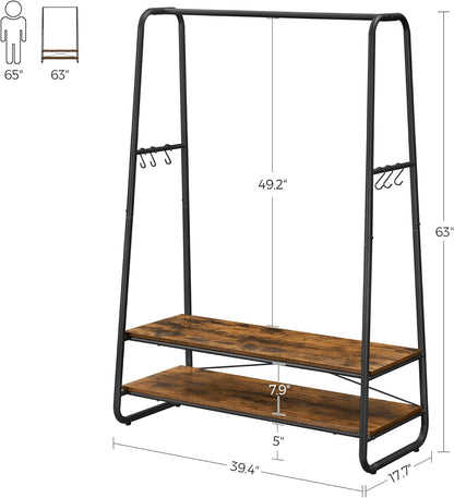 Heavy-Duty Clothes Rack with Hanging Rail, 2 Storage Shelves and 6 S Hooks, Industrial Garment Rack for Bedroom, Entryway and Closet Rustic Brown Black RGR112B01 - with | Sold by Uncle Wiener's Wholesale