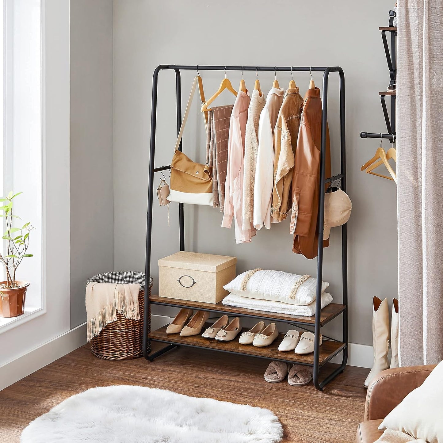 Heavy-Duty Clothes Rack with Hanging Rail, 2 Storage Shelves and 6 S Hooks, Industrial Garment Rack for Bedroom, Entryway and Closet Rustic Brown Black RGR112B01 - with | Sold by Uncle Wiener's Wholesale