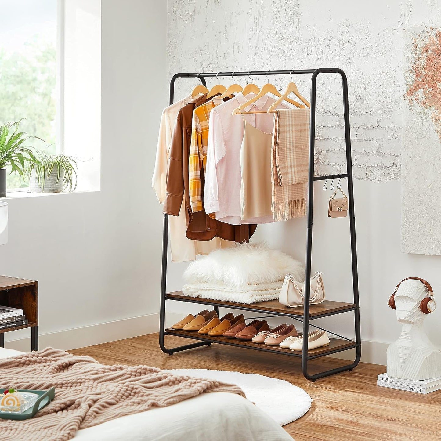 Heavy-Duty Clothes Rack with Hanging Rail, 2 Storage Shelves and 6 S Hooks, Industrial Garment Rack for Bedroom, Entryway and Closet Rustic Brown Black RGR112B01 - with | Sold by Uncle Wiener's Wholesale