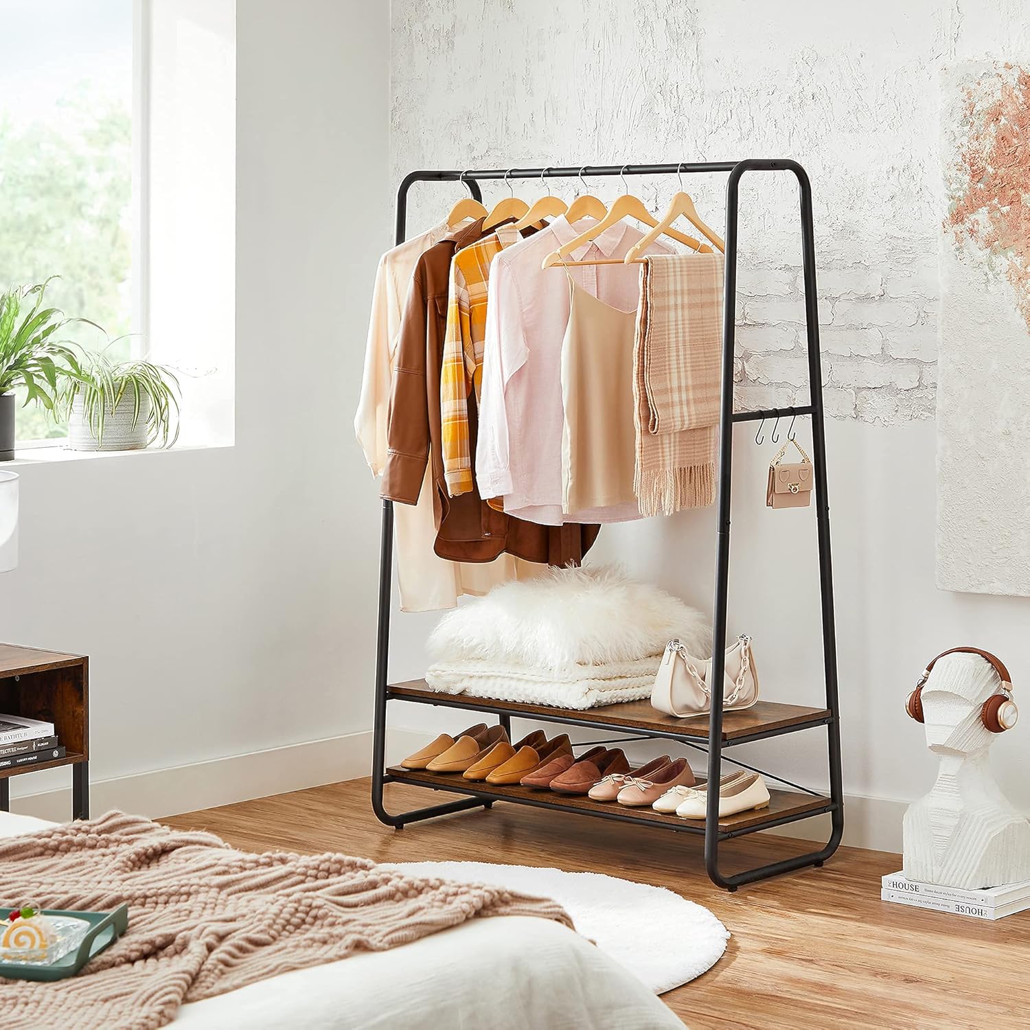 Heavy-Duty Clothes Rack with Hanging Rail, 2 Storage Shelves and 6 S Hooks, Industrial Garment Rack for Bedroom, Entryway and Closet Rustic Brown Black RGR112B01 - with | Sold by Uncle Wiener's Wholesale