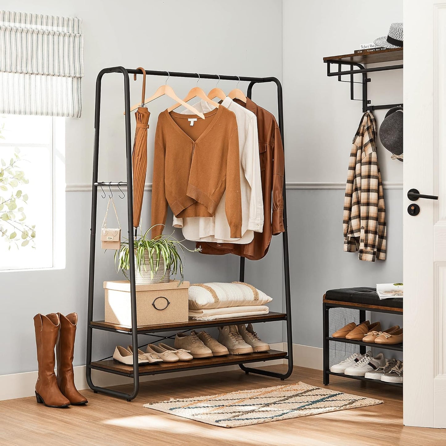 Heavy-Duty Clothes Rack with Hanging Rail, 2 Storage Shelves and 6 S Hooks, Industrial Garment Rack for Bedroom, Entryway and Closet Rustic Brown Black RGR112B01 - with | Sold by Uncle Wiener's Wholesale