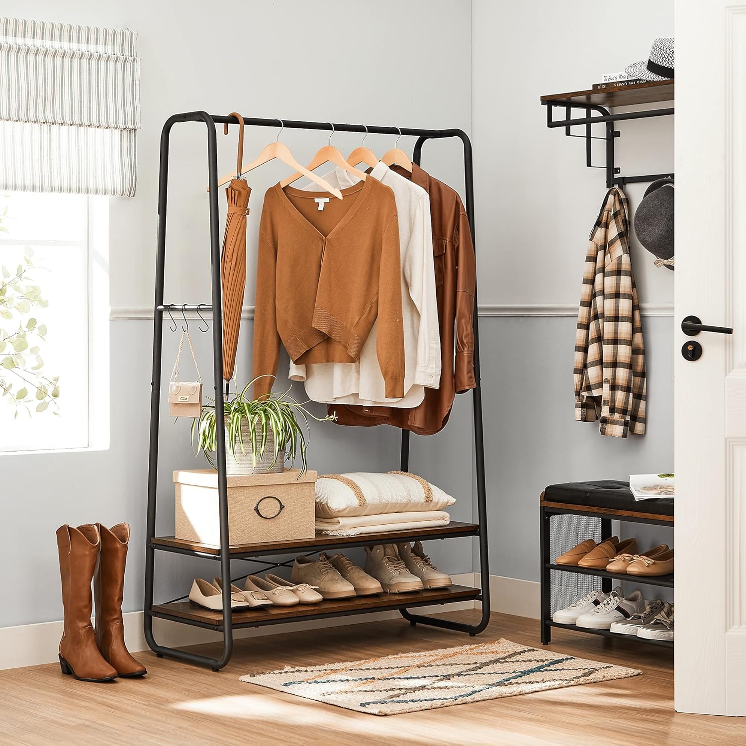 Heavy-Duty Clothes Rack with Hanging Rail, 2 Storage Shelves and 6 S Hooks, Industrial Garment Rack for Bedroom, Entryway and Closet Rustic Brown Black RGR112B01 - with | Sold by Uncle Wiener's Wholesale