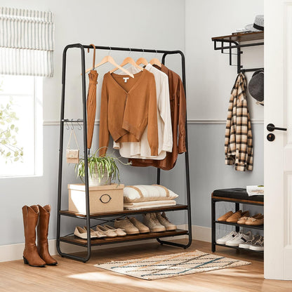 Heavy-Duty Clothes Rack with Hanging Rail, 2 Storage Shelves and 6 S Hooks, Industrial Garment Rack for Bedroom, Entryway and Closet Rustic Brown Black RGR112B01 - with | Sold by Uncle Wiener's Wholesale