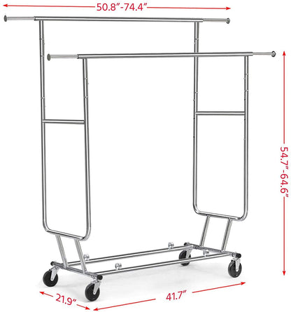 "Heavy-Duty Collapsible Single Rail Clothing Rack with Wheels"

"Adjustable Double Rail Chrome Garment Rack for Retail and Home"

"Heavy-Duty Commercial Clothing Rack Assembly Diagram"

"Smooth Rolling Wheels for Garment Racks – Close-Up View"