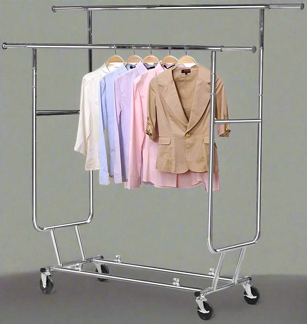 "Heavy-Duty Collapsible Single Rail Clothing Rack with Wheels"

"Adjustable Double Rail Chrome Garment Rack for Retail and Home"

"Heavy-Duty Commercial Clothing Rack Assembly Diagram"

"Smooth Rolling Wheels for Garment Racks – Close-Up View"