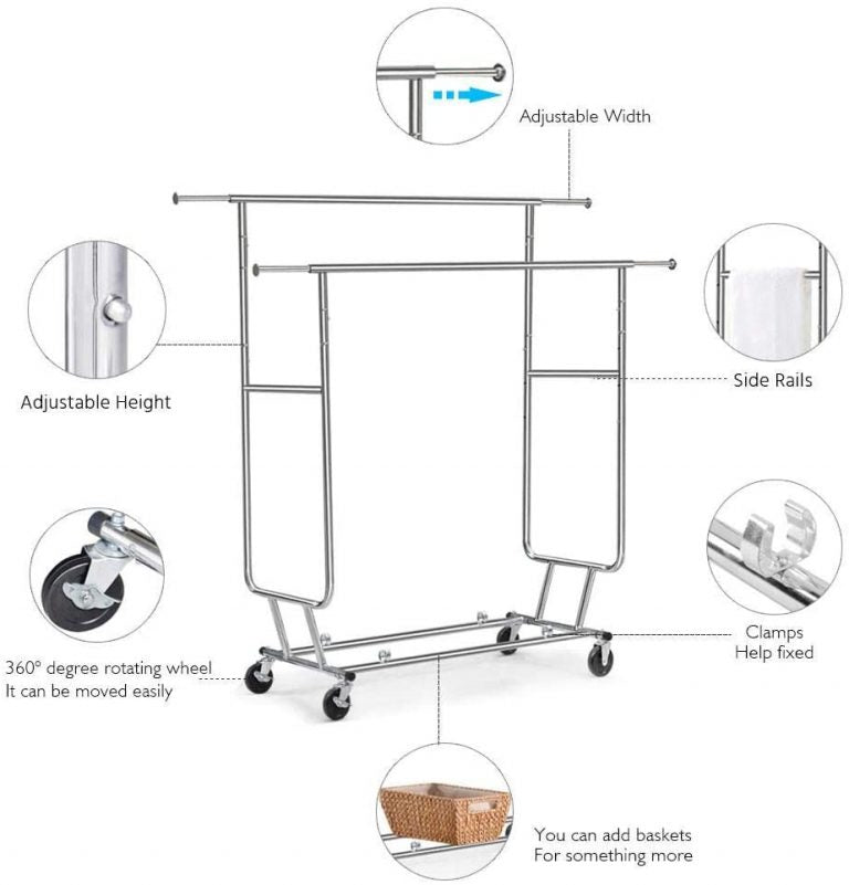 "Heavy-Duty Collapsible Single Rail Clothing Rack with Wheels"

"Adjustable Double Rail Chrome Garment Rack for Retail and Home"

"Heavy-Duty Commercial Clothing Rack Assembly Diagram"

"Smooth Rolling Wheels for Garment Racks – Close-Up View"