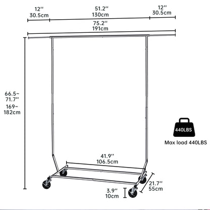 "Heavy-Duty Collapsible Single Rail Clothing Rack with Wheels"

"Adjustable Double Rail Chrome Garment Rack for Retail and Home"

"Heavy-Duty Commercial Clothing Rack Assembly Diagram"

"Smooth Rolling Wheels for Garment Racks – Close-Up View"