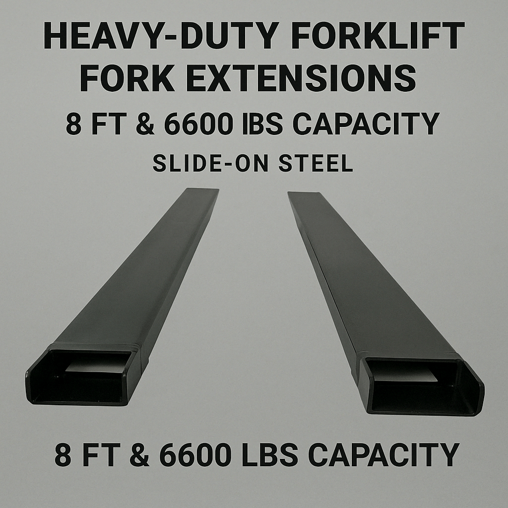 Heavy-Duty Forklift Fork Extensions – Slide-On Steel Sleeves in 10 FT and 8 FT Lengths with 6600 lbs Capacity