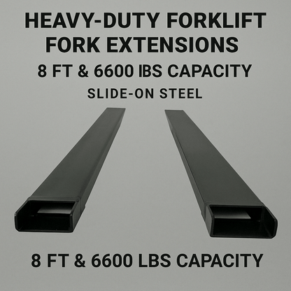 Heavy-Duty Forklift Fork Extensions – Slide-On Steel Sleeves in 10 FT and 8 FT Lengths with 6600 lbs Capacity