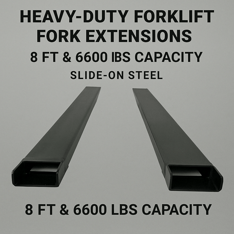 Heavy-Duty Forklift Fork Extensions – Slide-On Steel Sleeves in 10 FT and 8 FT Lengths with 6600 lbs Capacity
