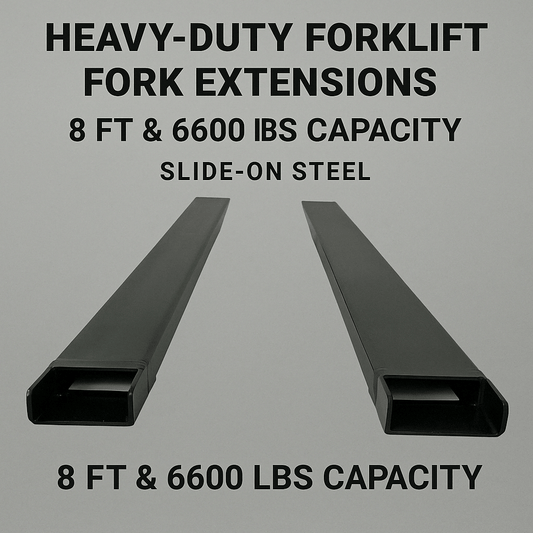 Heavy-Duty Forklift Fork Extensions – Slide-On Steel Sleeves in 10 FT and 8 FT Lengths with 6600 lbs Capacity
