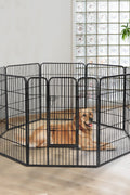 8-panel steel pet playpen outdoors on grass

4-panel indoor dog playpen for small pets

Close-up of pet enclosure with locking gate

Modular playpen panels arranged in circular shape

Folded pet playpen showing compact storage