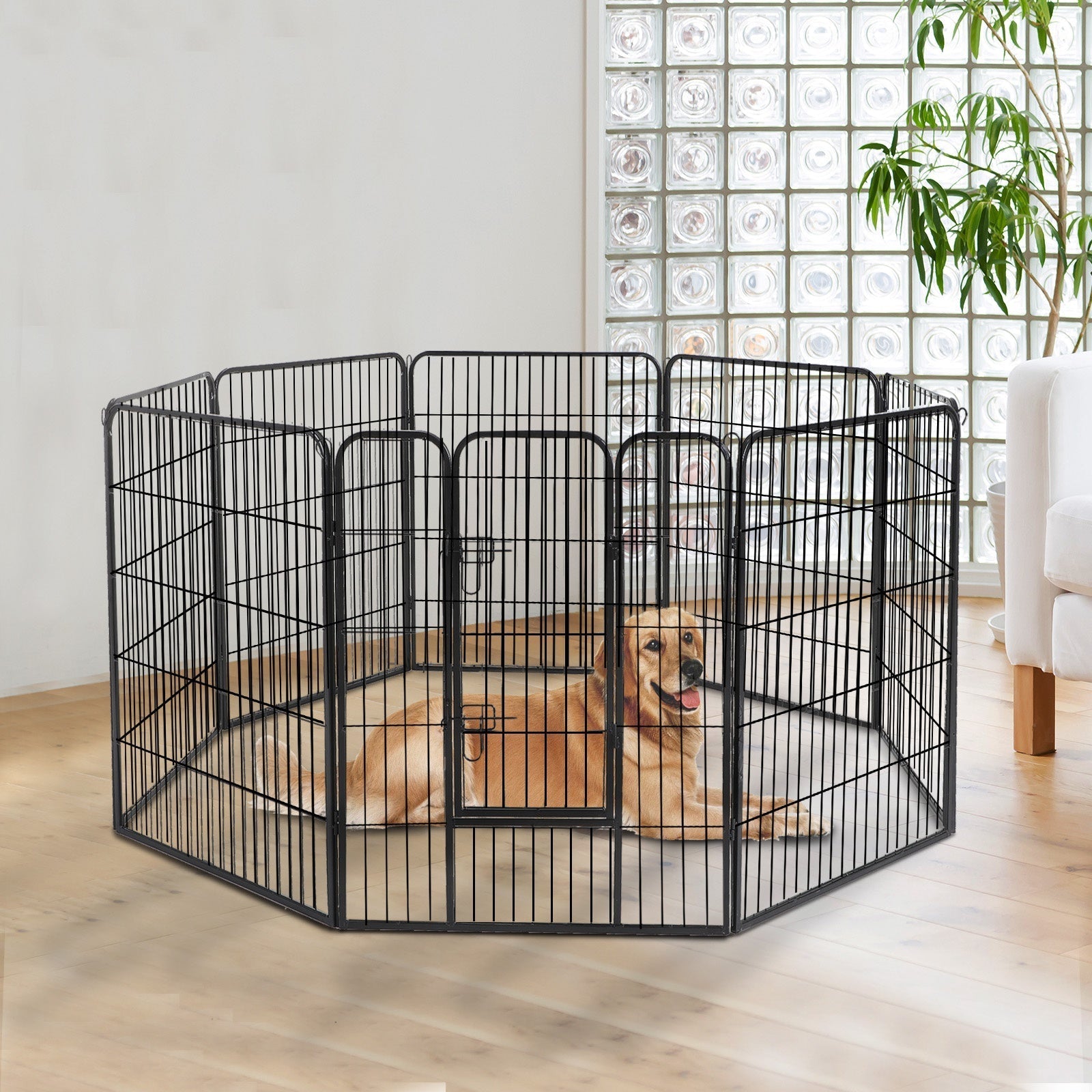 8-panel steel pet playpen outdoors on grass

4-panel indoor dog playpen for small pets

Close-up of pet enclosure with locking gate

Modular playpen panels arranged in circular shape

Folded pet playpen showing compact storage