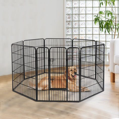 8-panel steel pet playpen outdoors on grass

4-panel indoor dog playpen for small pets

Close-up of pet enclosure with locking gate

Modular playpen panels arranged in circular shape

Folded pet playpen showing compact storage