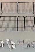 8-panel steel pet playpen outdoors on grass

4-panel indoor dog playpen for small pets

Close-up of pet enclosure with locking gate

Modular playpen panels arranged in circular shape

Folded pet playpen showing compact storage