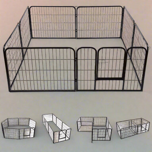 8-panel steel pet playpen outdoors on grass

4-panel indoor dog playpen for small pets

Close-up of pet enclosure with locking gate

Modular playpen panels arranged in circular shape

Folded pet playpen showing compact storage