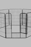 8-panel steel pet playpen outdoors on grass

4-panel indoor dog playpen for small pets

Close-up of pet enclosure with locking gate

Modular playpen panels arranged in circular shape

Folded pet playpen showing compact storage