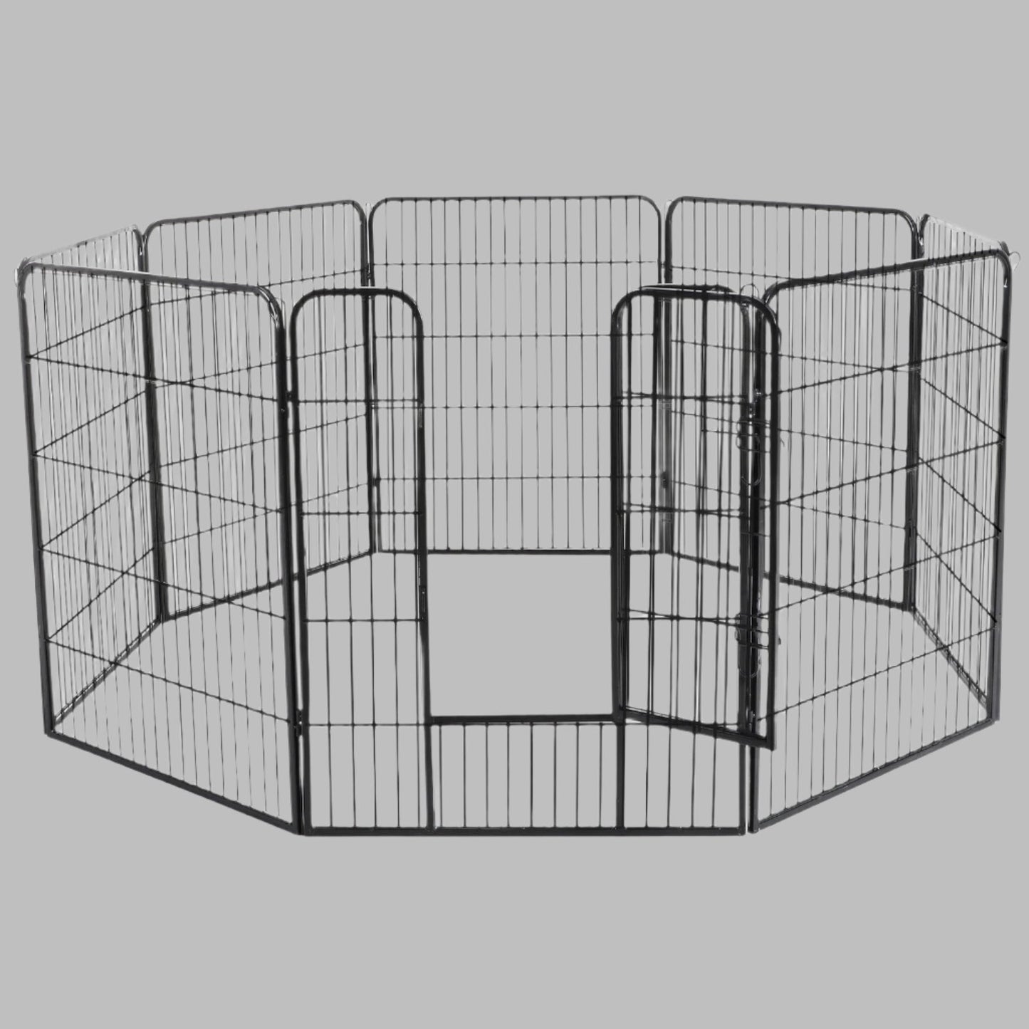 8-panel steel pet playpen outdoors on grass

4-panel indoor dog playpen for small pets

Close-up of pet enclosure with locking gate

Modular playpen panels arranged in circular shape

Folded pet playpen showing compact storage