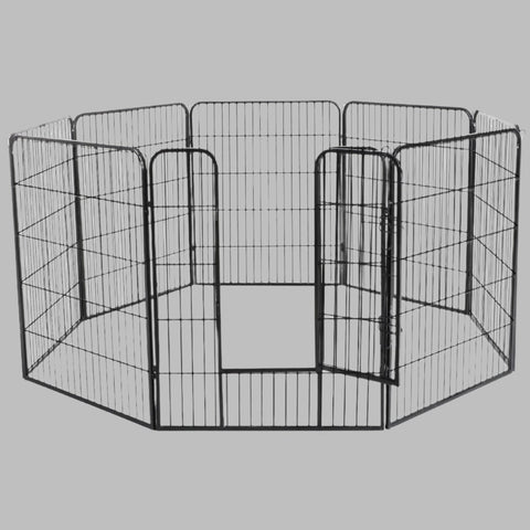 8-panel steel pet playpen outdoors on grass

4-panel indoor dog playpen for small pets

Close-up of pet enclosure with locking gate

Modular playpen panels arranged in circular shape

Folded pet playpen showing compact storage