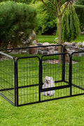 8-panel steel pet playpen outdoors on grass

4-panel indoor dog playpen for small pets

Close-up of pet enclosure with locking gate

Modular playpen panels arranged in circular shape

Folded pet playpen showing compact storage