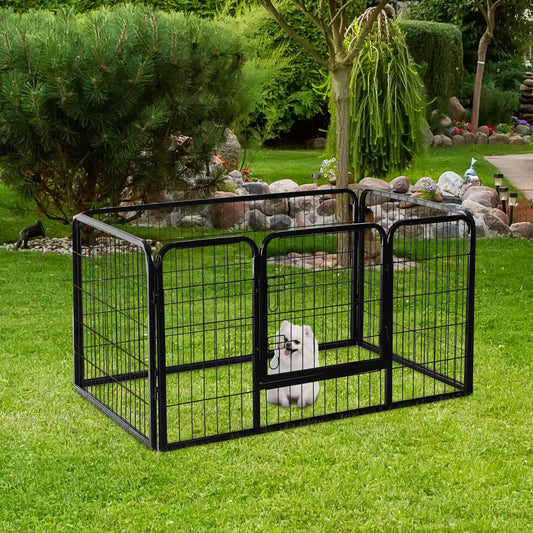 8-panel steel pet playpen outdoors on grass

4-panel indoor dog playpen for small pets

Close-up of pet enclosure with locking gate

Modular playpen panels arranged in circular shape

Folded pet playpen showing compact storage