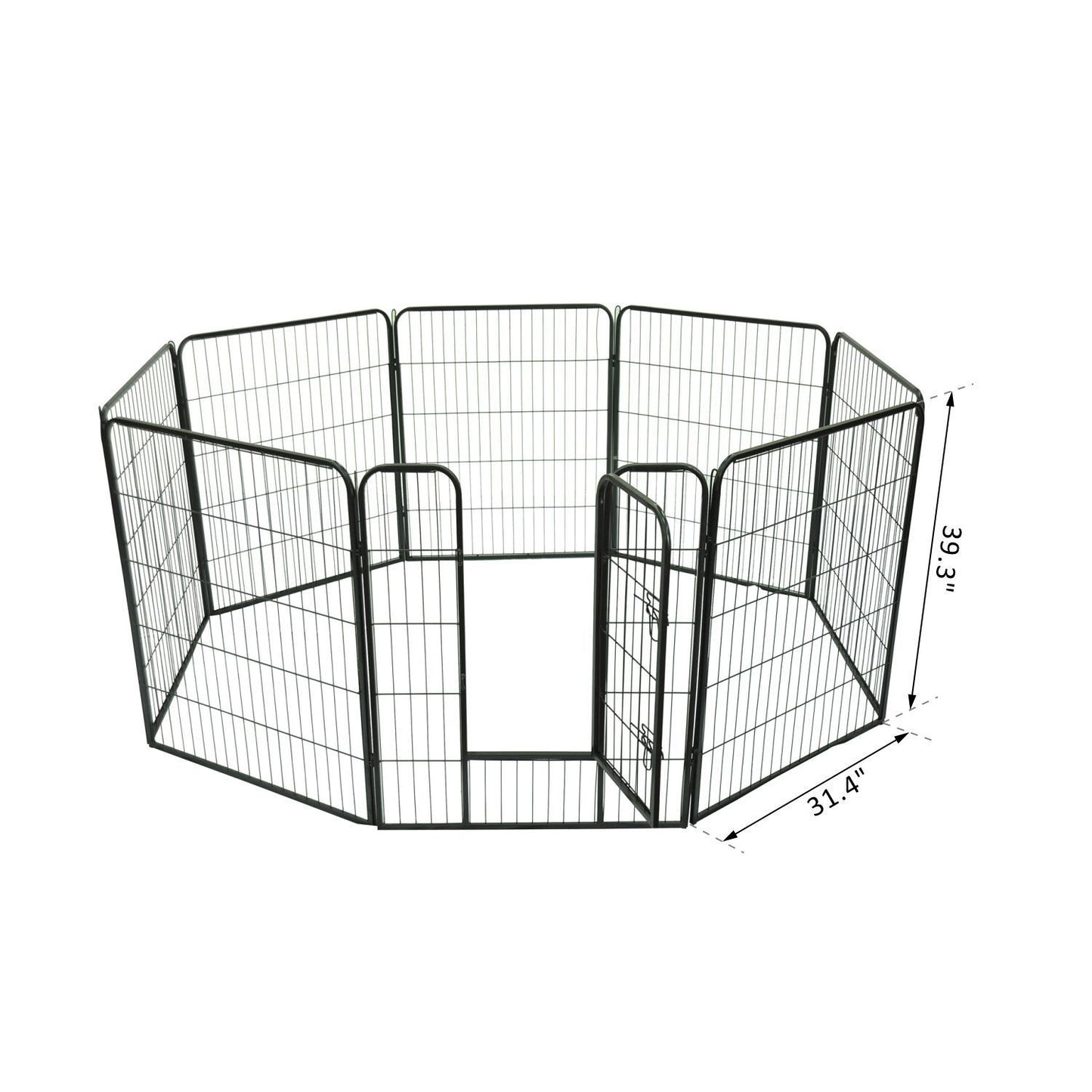 8-panel steel pet playpen outdoors on grass

4-panel indoor dog playpen for small pets

Close-up of pet enclosure with locking gate

Modular playpen panels arranged in circular shape

Folded pet playpen showing compact storage