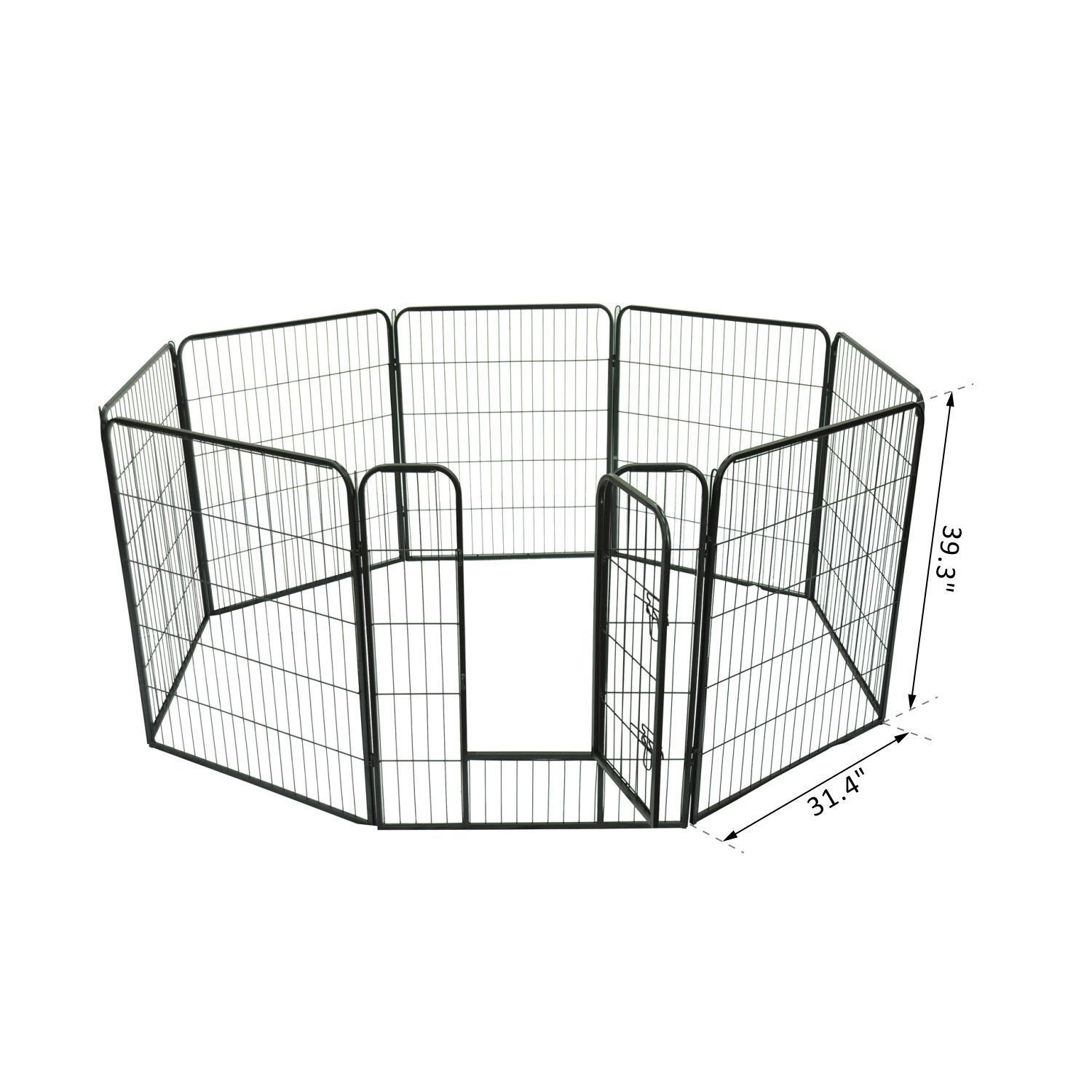 8-panel steel pet playpen outdoors on grass

4-panel indoor dog playpen for small pets

Close-up of pet enclosure with locking gate

Modular playpen panels arranged in circular shape

Folded pet playpen showing compact storage