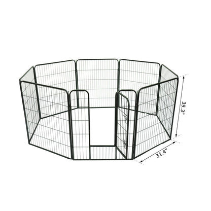 8-panel steel pet playpen outdoors on grass

4-panel indoor dog playpen for small pets

Close-up of pet enclosure with locking gate

Modular playpen panels arranged in circular shape

Folded pet playpen showing compact storage