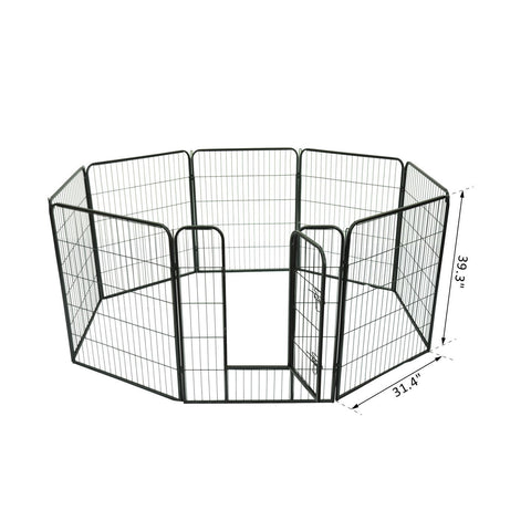 8-panel steel pet playpen outdoors on grass

4-panel indoor dog playpen for small pets

Close-up of pet enclosure with locking gate

Modular playpen panels arranged in circular shape

Folded pet playpen showing compact storage