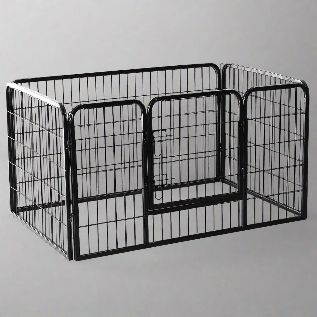 8-panel steel pet playpen outdoors on grass

4-panel indoor dog playpen for small pets

Close-up of pet enclosure with locking gate

Modular playpen panels arranged in circular shape

Folded pet playpen showing compact storage