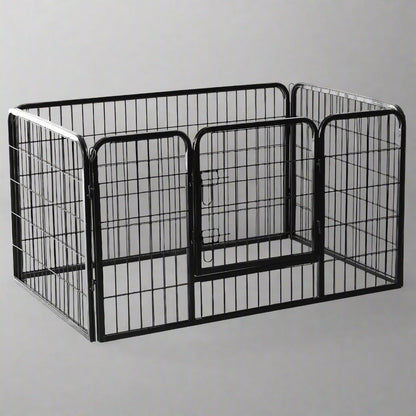 8-panel steel pet playpen outdoors on grass

4-panel indoor dog playpen for small pets

Close-up of pet enclosure with locking gate

Modular playpen panels arranged in circular shape

Folded pet playpen showing compact storage